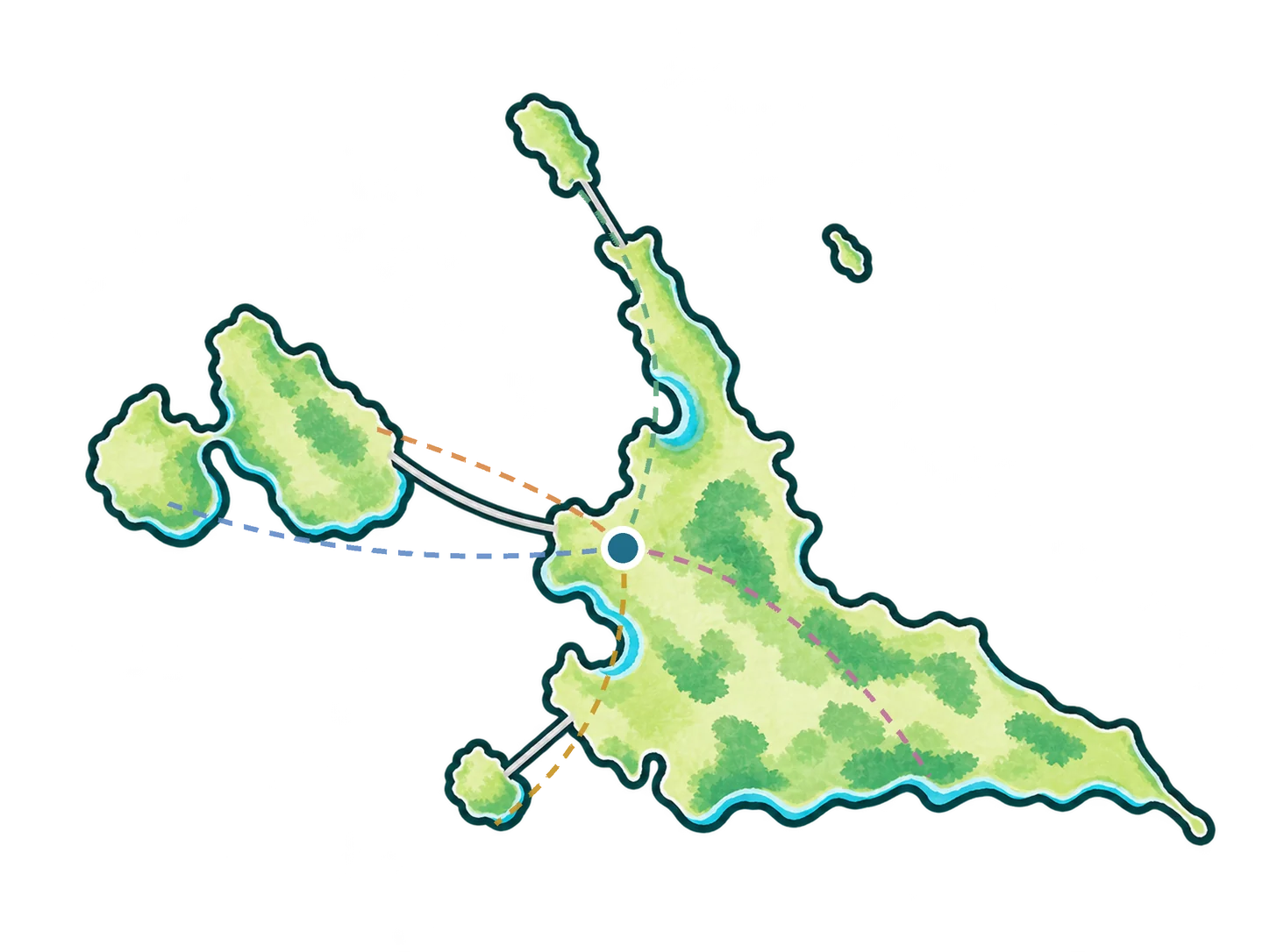 宮古島、伊良部島、下地島、池間島、来間島を描いた水彩風イラスト。平良から5方向にコースが広がる